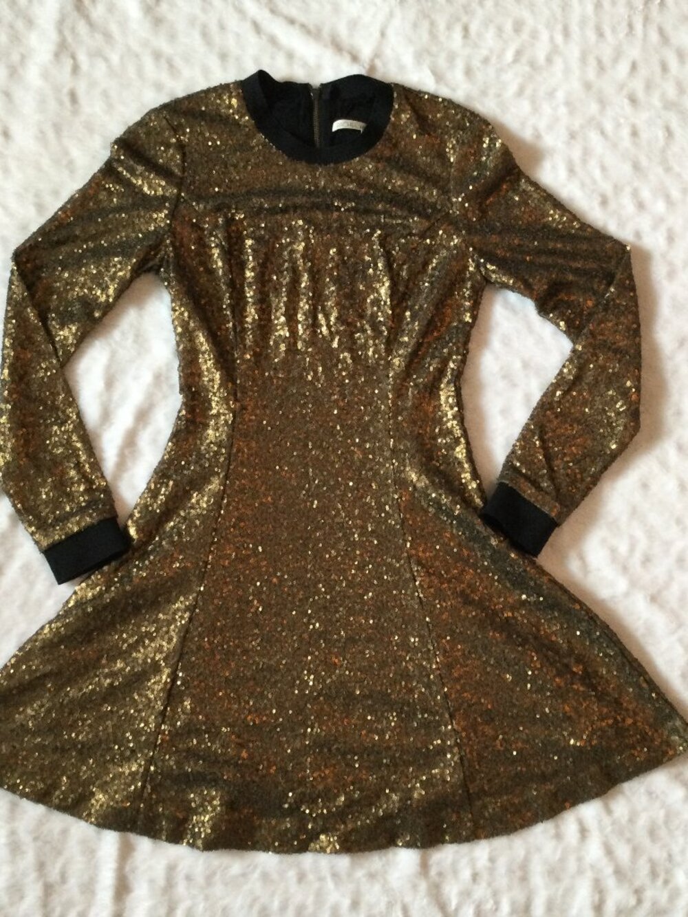 Rachel Roy Gold Sequin Long Sleeve Fit-&-Flare Cocktail Party Holiday Dress sz 4